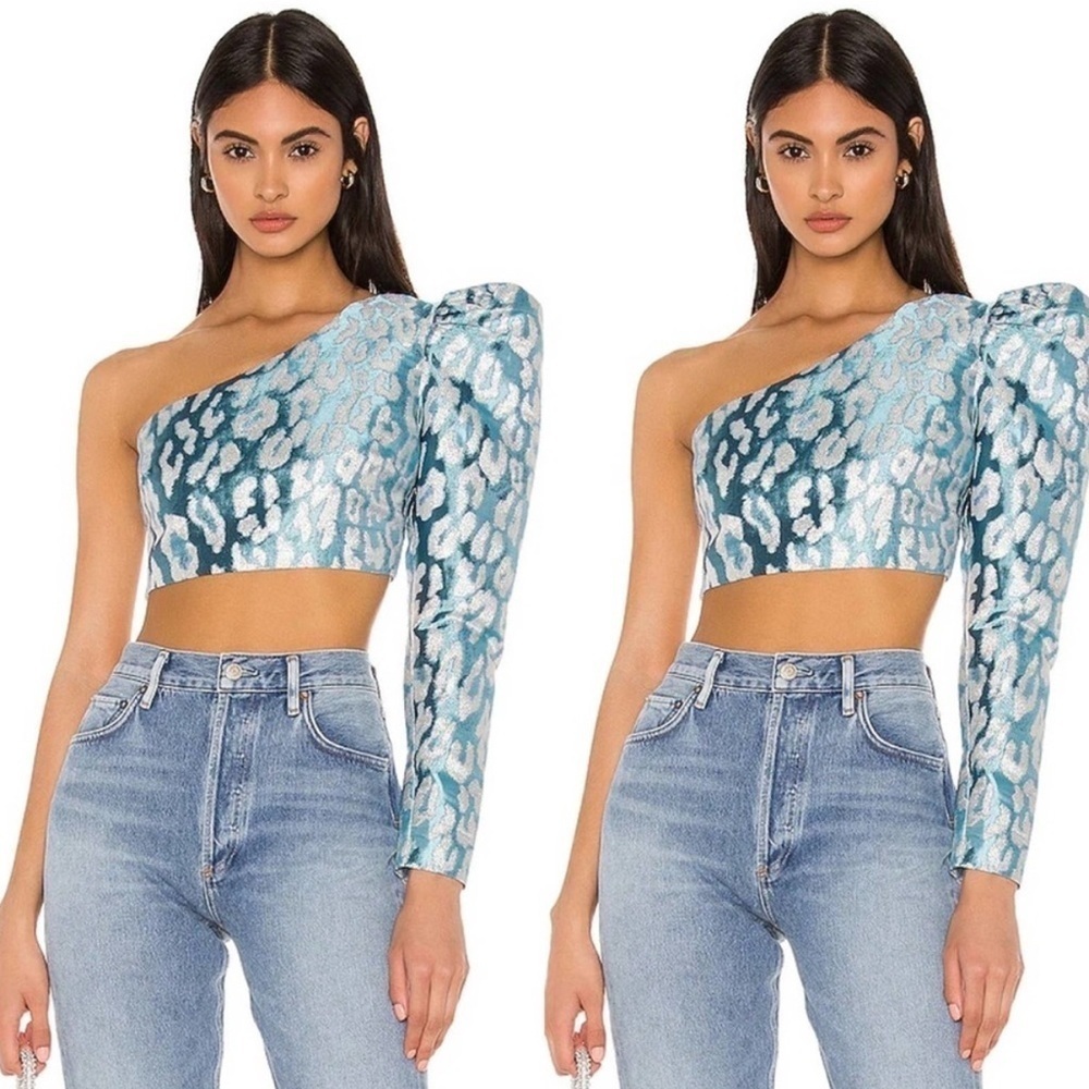 NBD Eris One Shoulder Blue Silver Metallic Leopard Top Blouse Medium